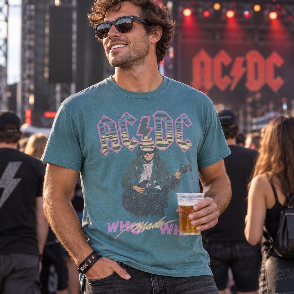 Retro Rock Band Concert Tee AC/DC Who Made Who Angus Young Blue Mens L